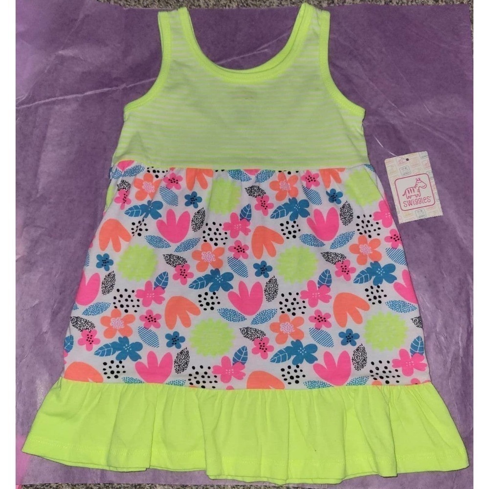 Summer Dress 2t Bright Neon Yellow Floral Pattern